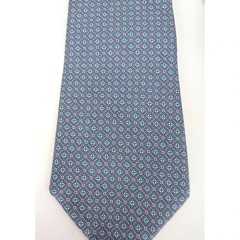 VTG Rooster Pink Blue Geometric Silk Tie USA Italian Fabric‎ Preppy Heritage